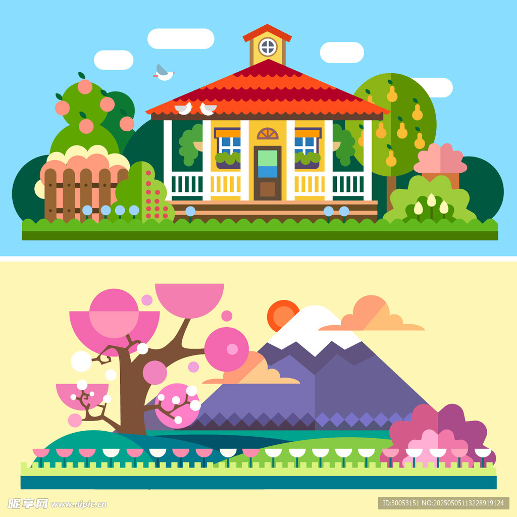 美丽风景与建筑插画