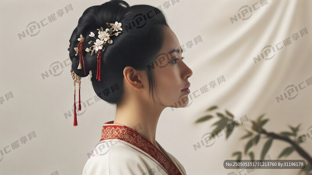 侧面古典女子在左边 白色背景