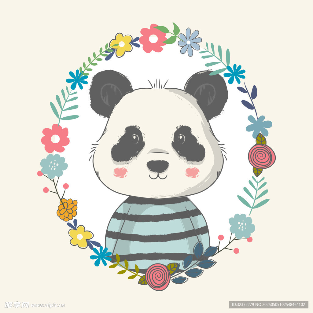 穿条纹衣的可爱熊猫花环图