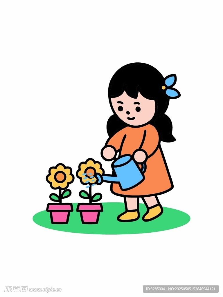 女孩浇花的可爱插画