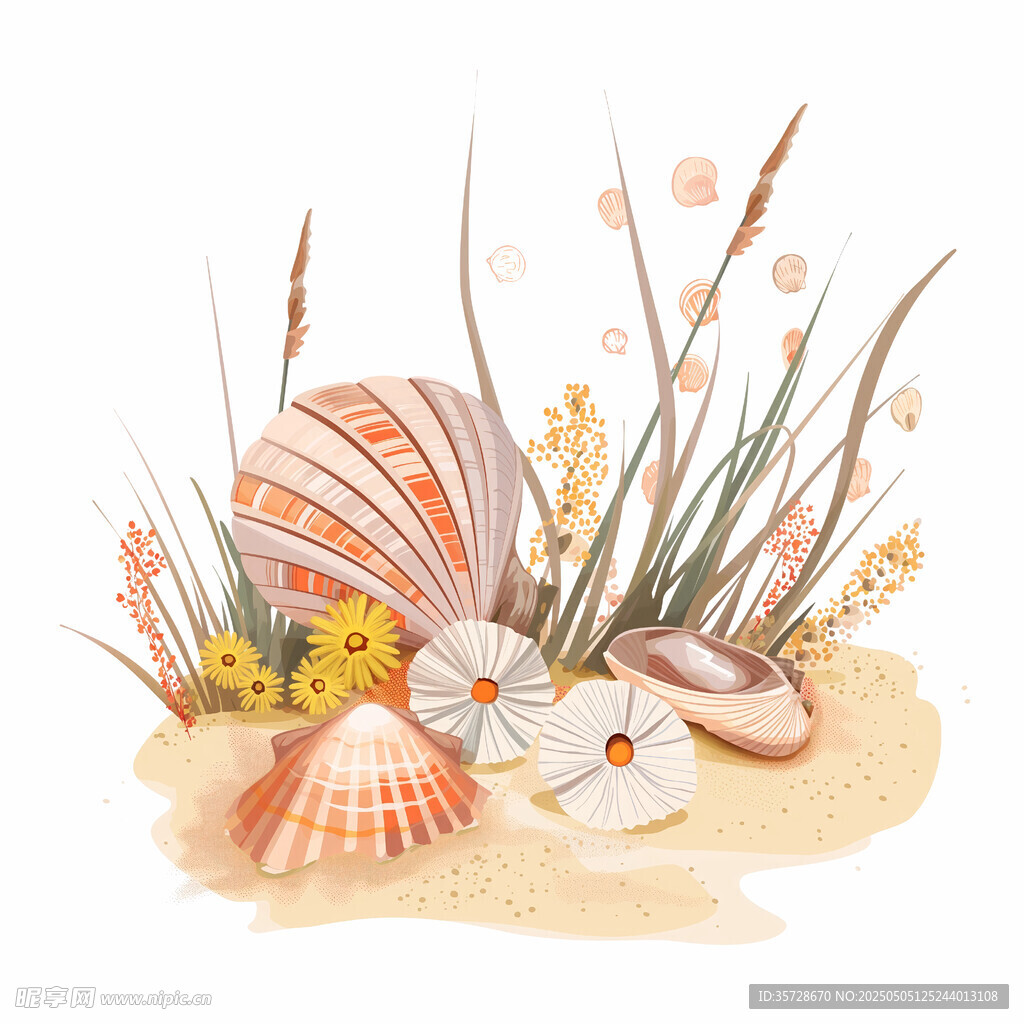 贝壳与花草插画