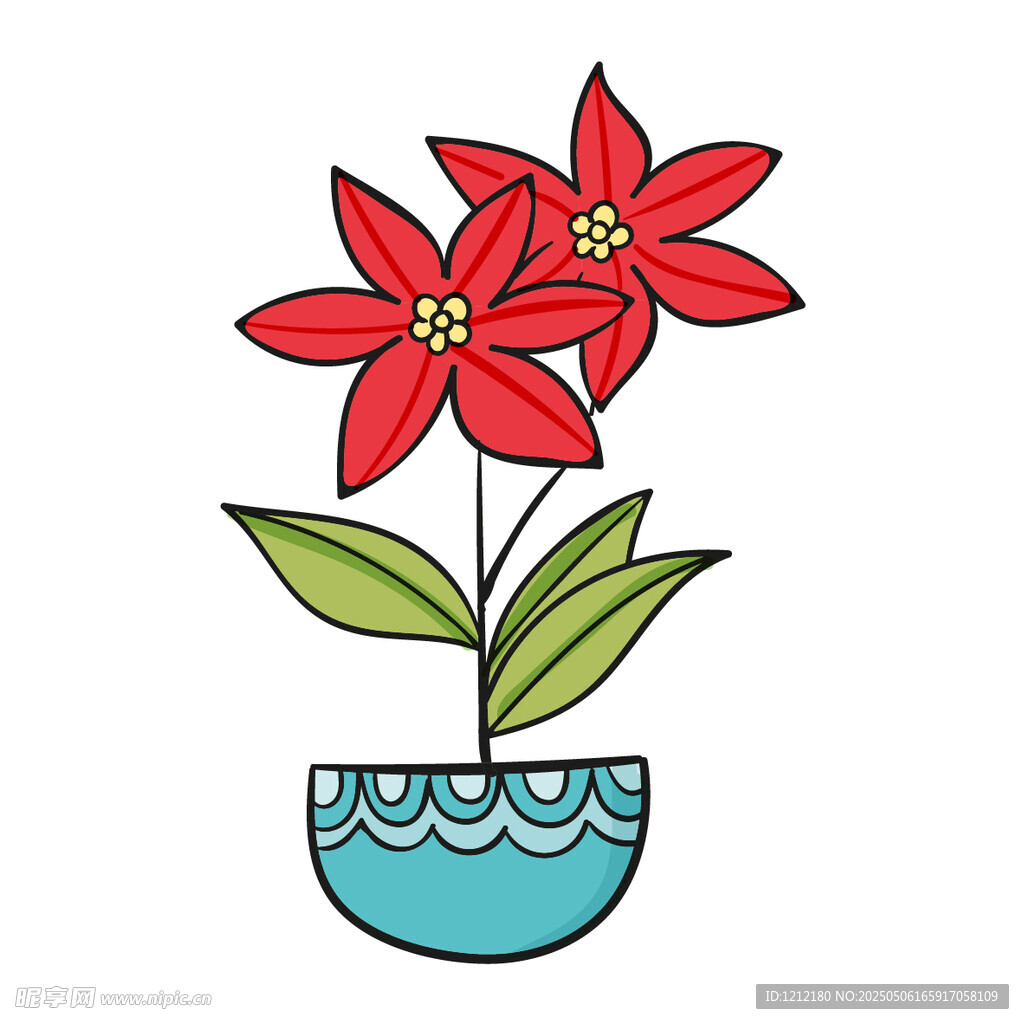 花盆中的红色花卉插画