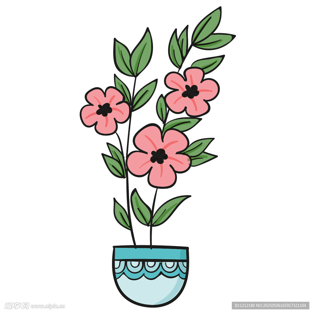花盆中的粉色花朵插画