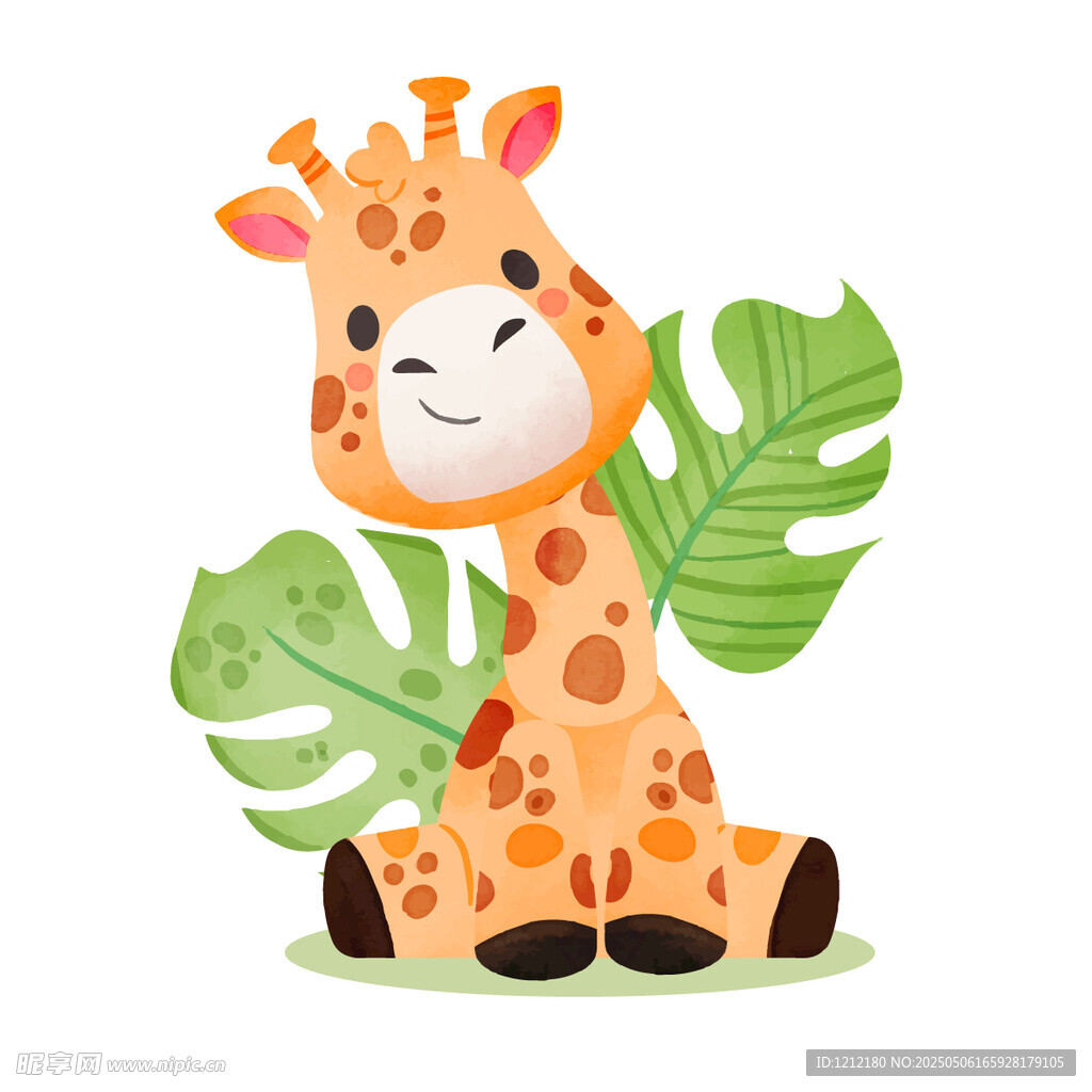 可爱长颈鹿与绿植插画