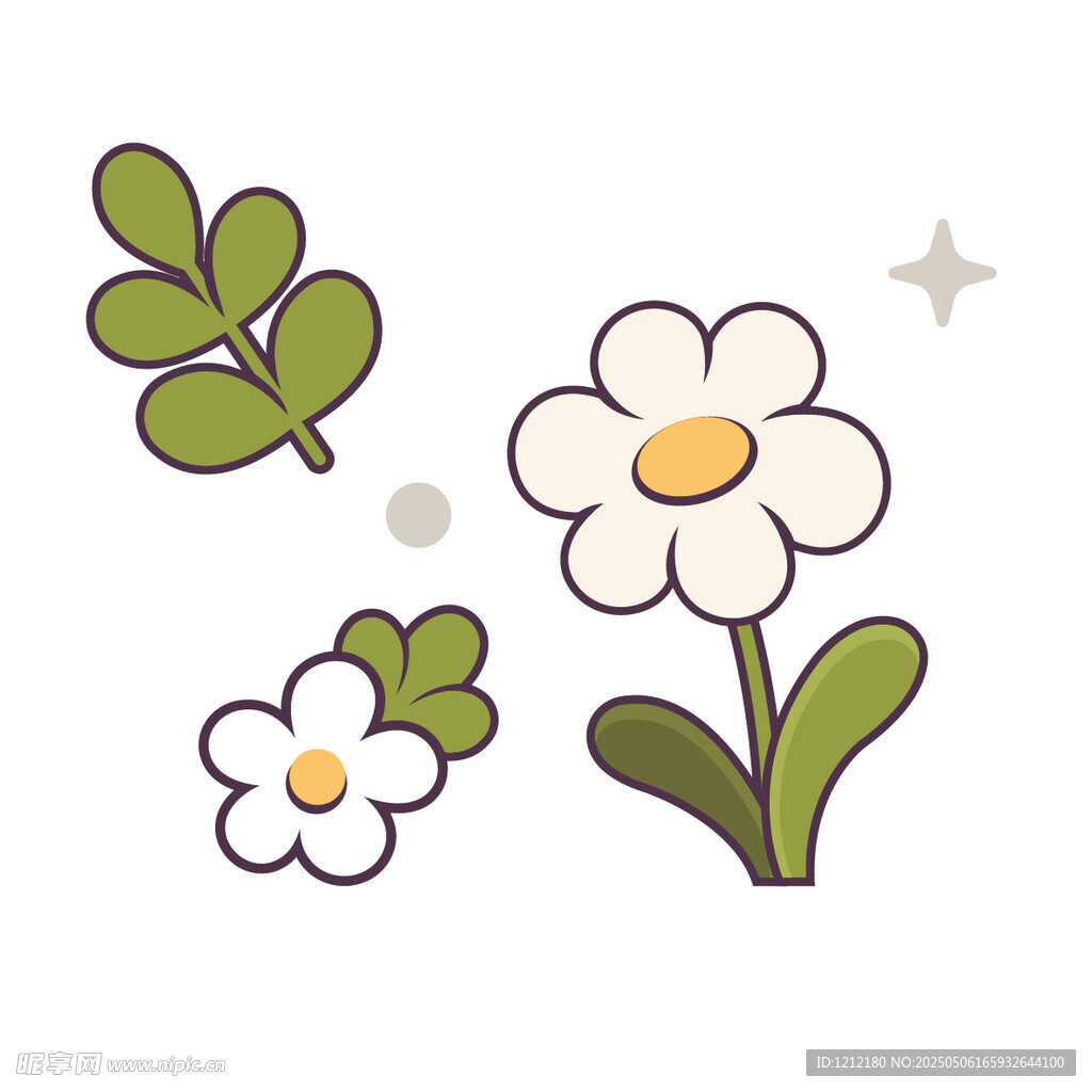 可爱手绘花卉与绿叶元素