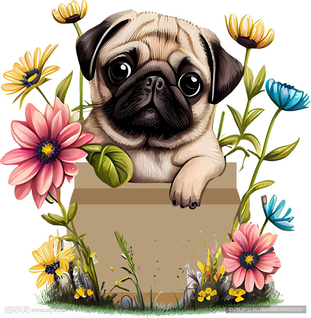 萌八哥犬探身花丛中