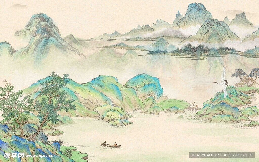 水墨山水间的悠然泛舟景