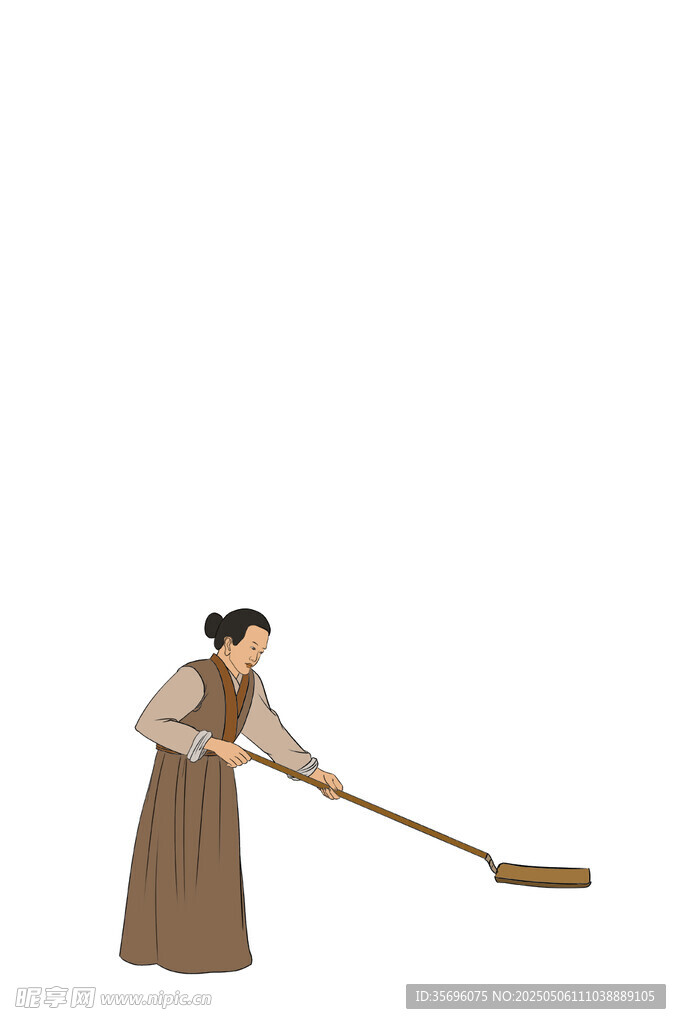 古代女子持扫帚劳作场景