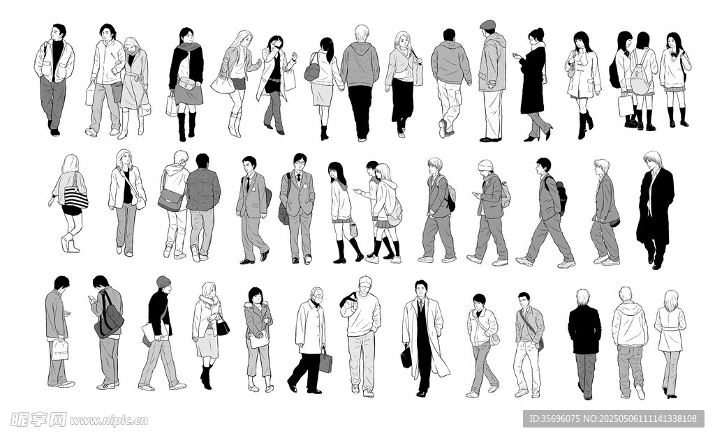 多样姿态行人黑白插画