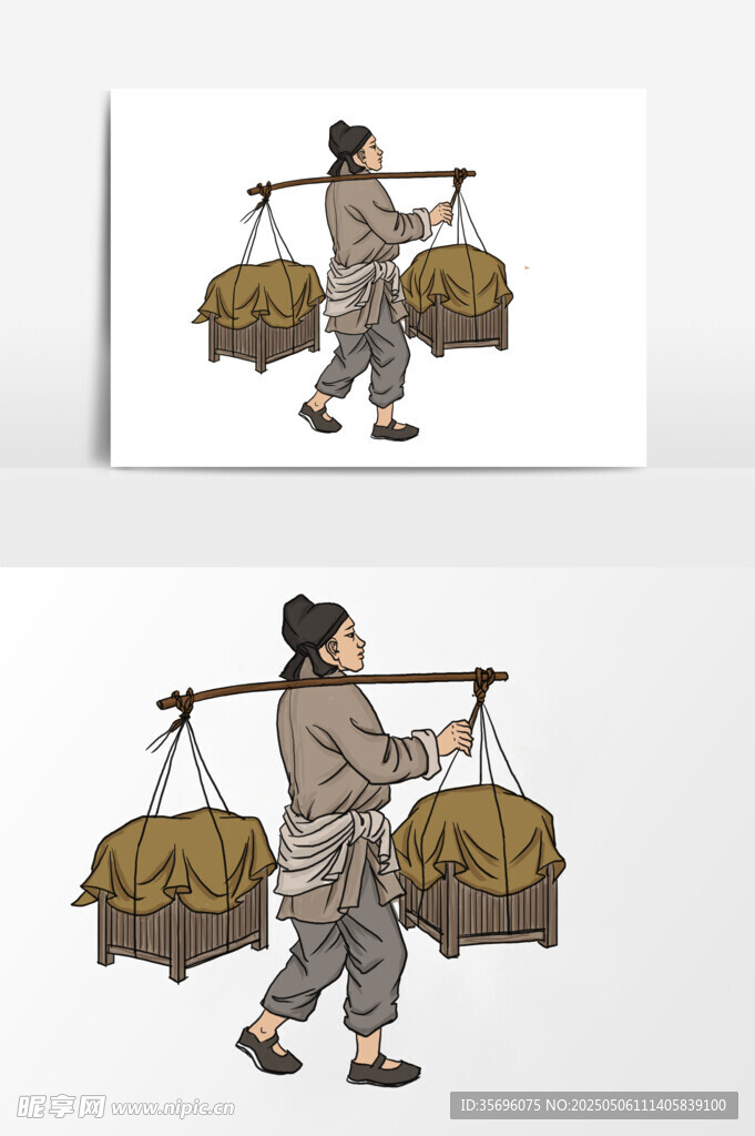 古代挑担商贩形象插画
