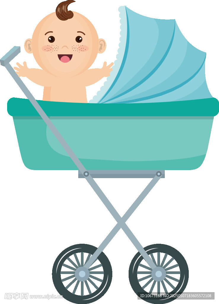 婴儿坐于蓝色婴儿推车中