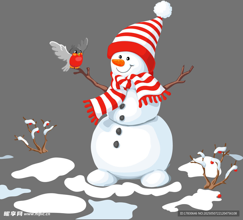 可爱雪人手持小鸟站雪地