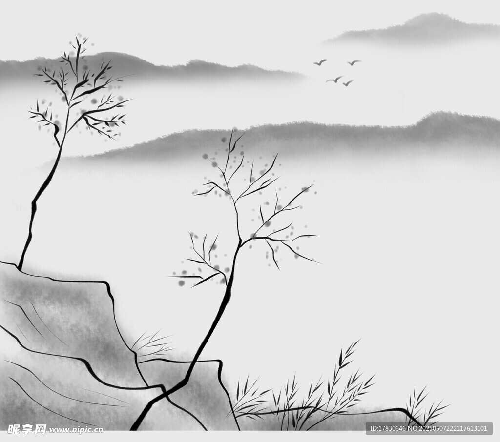 水墨山水枯树景致