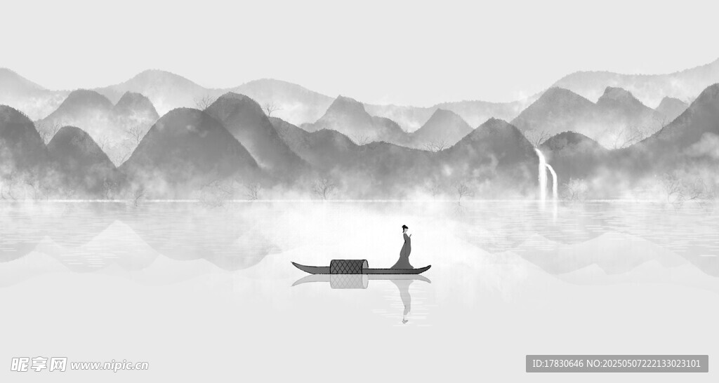 孤舟泛于水墨山水间