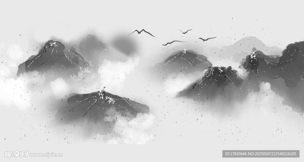 水墨山水间飞鸟云雾景