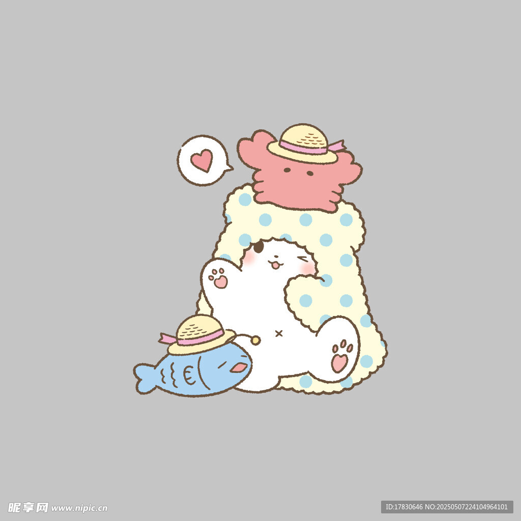 可爱猫咪盖毯抱鱼小场景