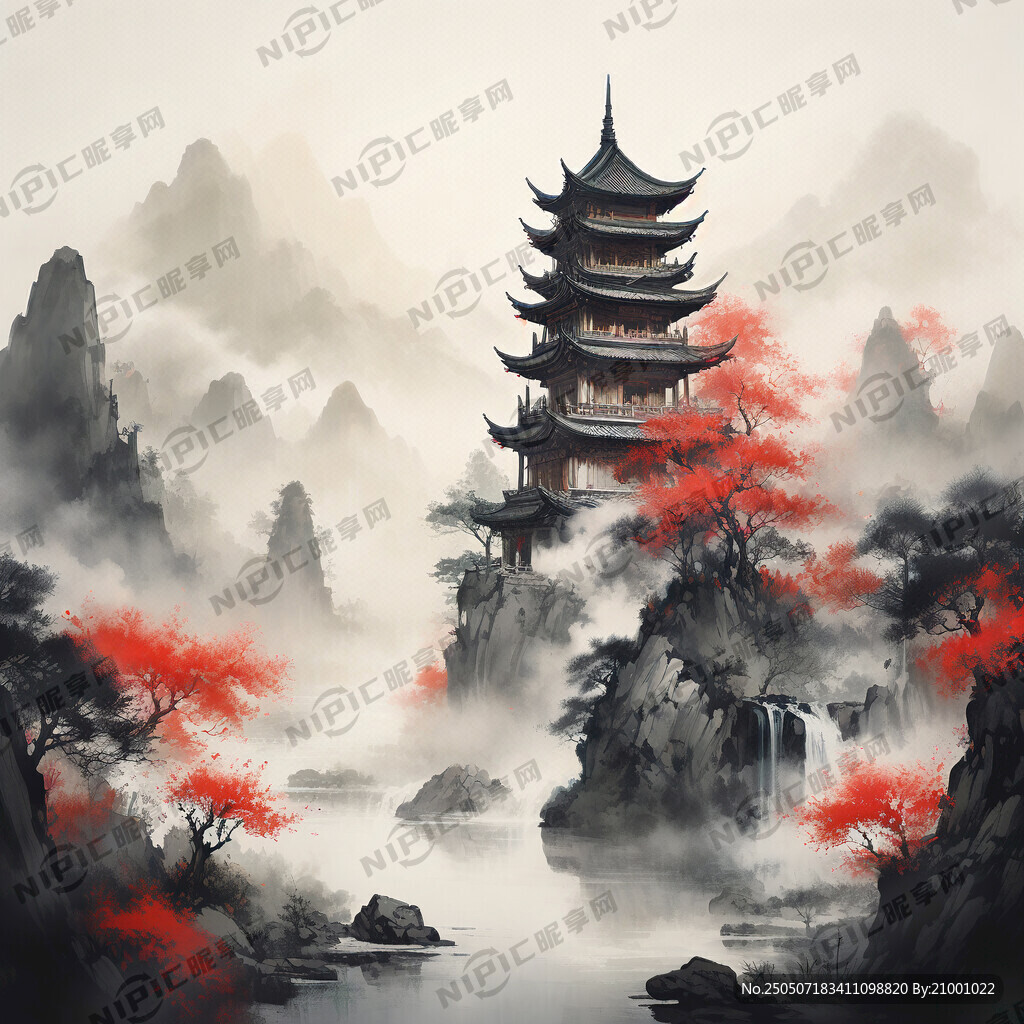 茶山云雾环绕建筑古朴花鸟