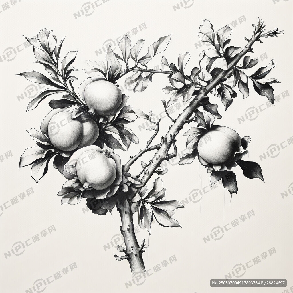 手绘素描黑白风格石榴枝