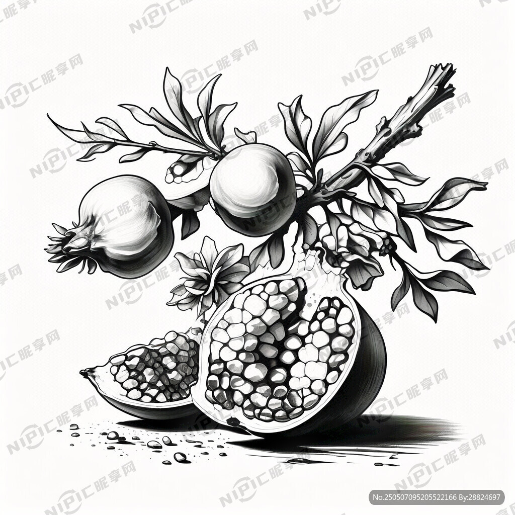 手绘素描线条黑白风格石榴枝