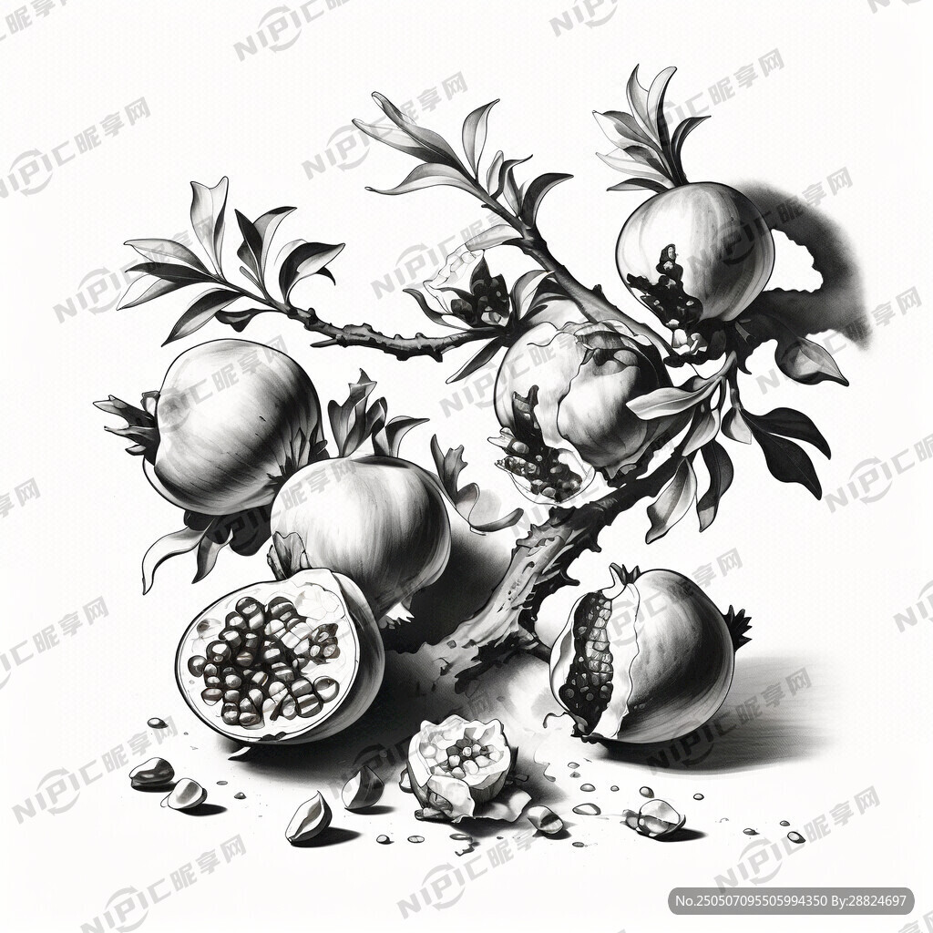 手绘素描线条黑白风格石榴枝