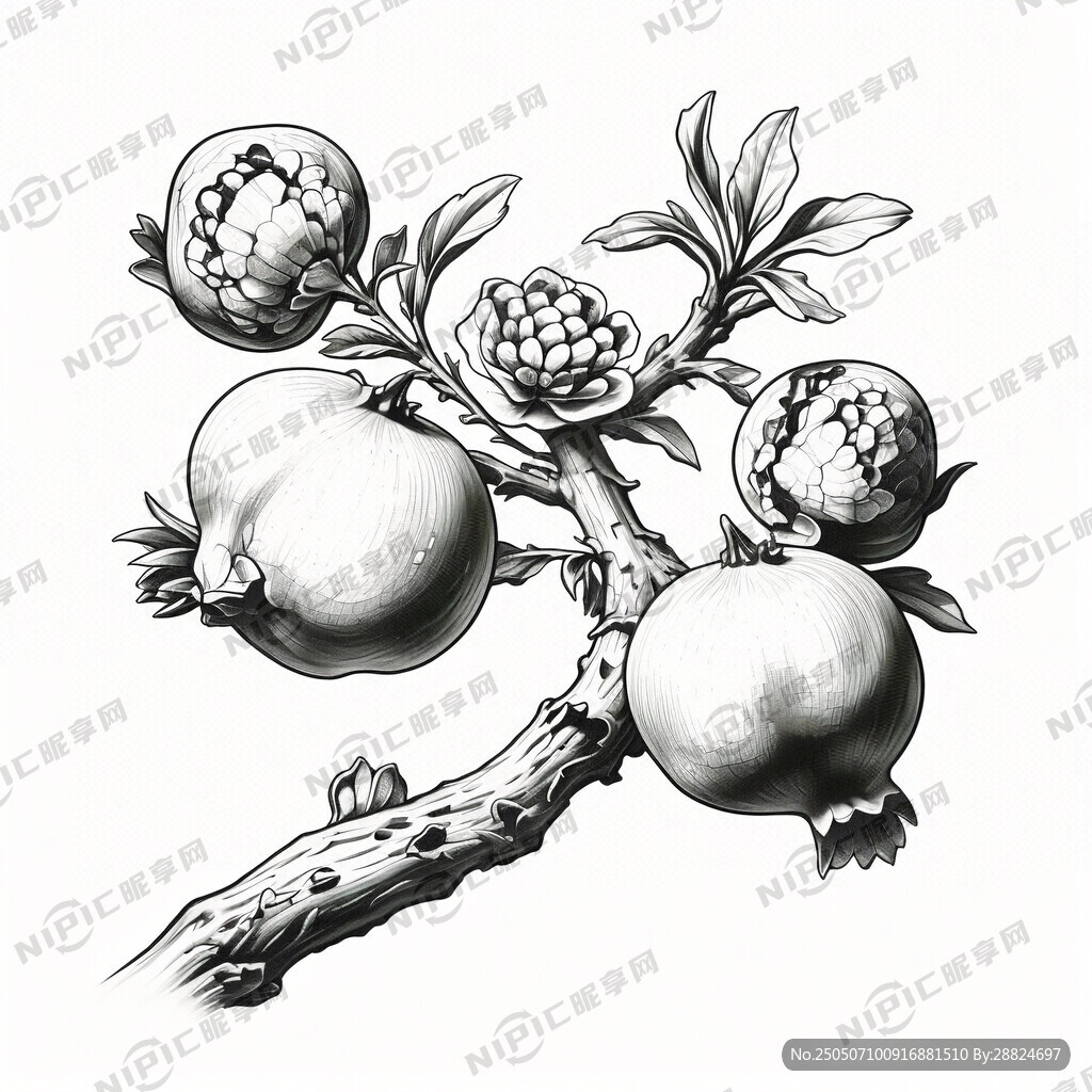 手绘素描线条石榴枝