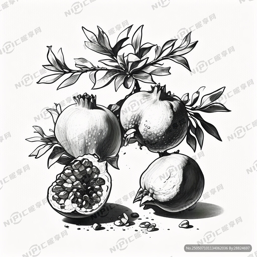 手绘素描线条石榴枝  石