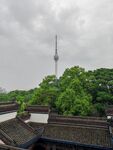 中式屋顶与远处高塔景观