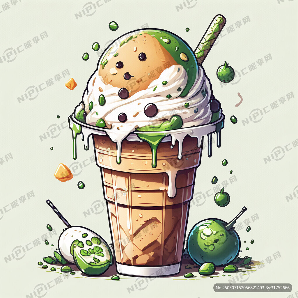 绿色卡通冰淇淋珍珠奶茶夏日奶茶
