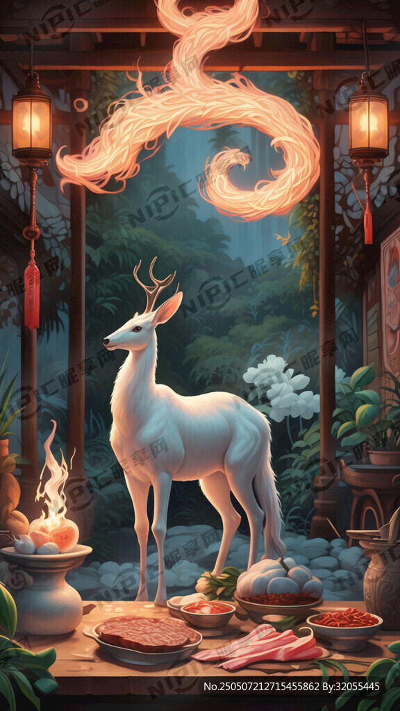 后景白鹿衔一朵山茶花 发光