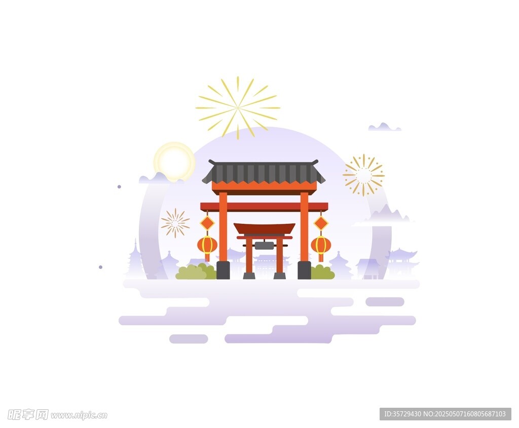中式门楼雪景烟花画面
