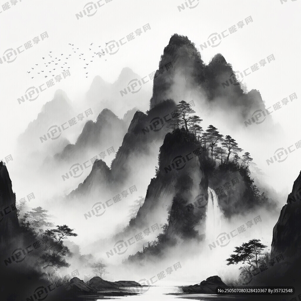 适合冲孔铝板局部造型的水墨大山