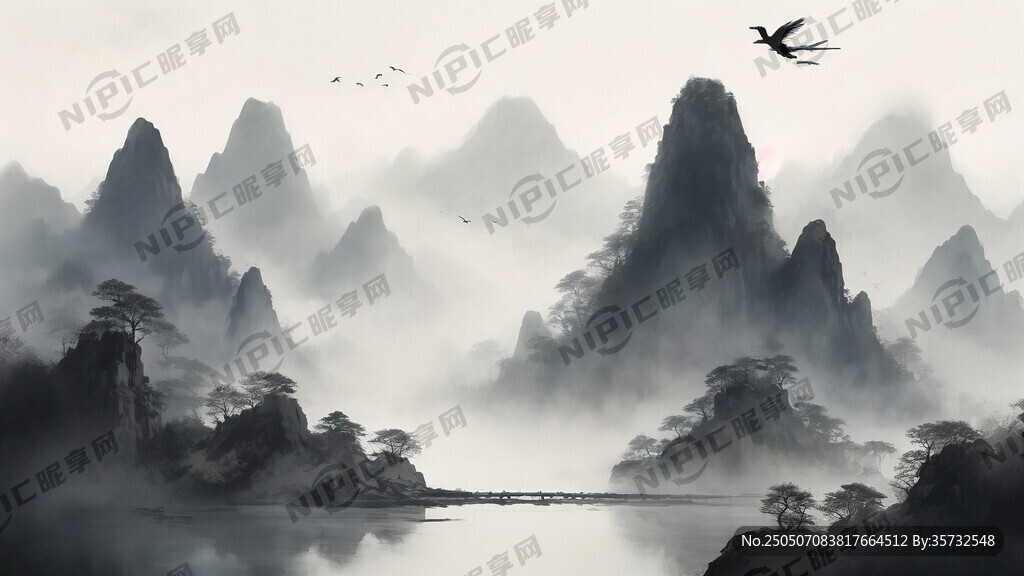 三座山峰组成的水墨大山图案