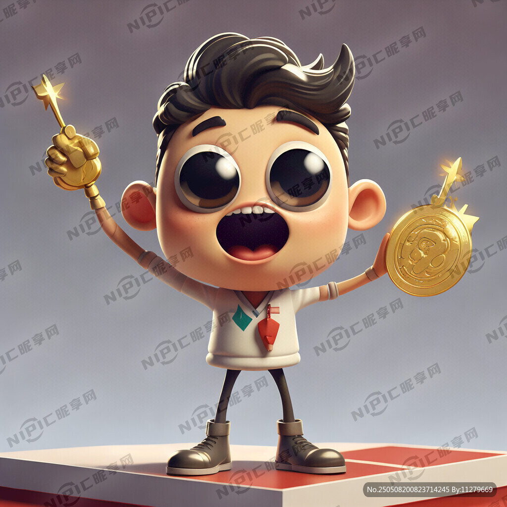 卡通人物 口咬金牌 一眼微闭