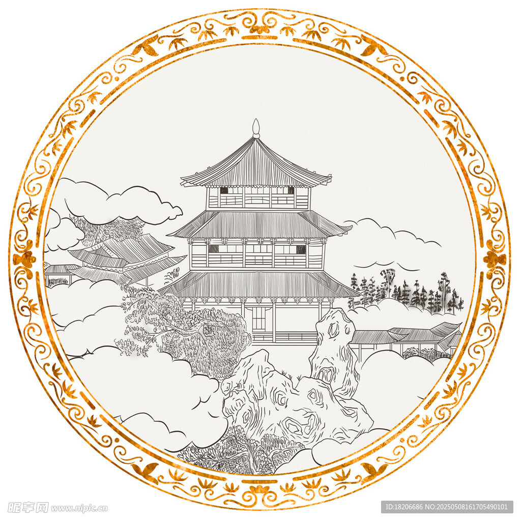 装饰画线描楼阁