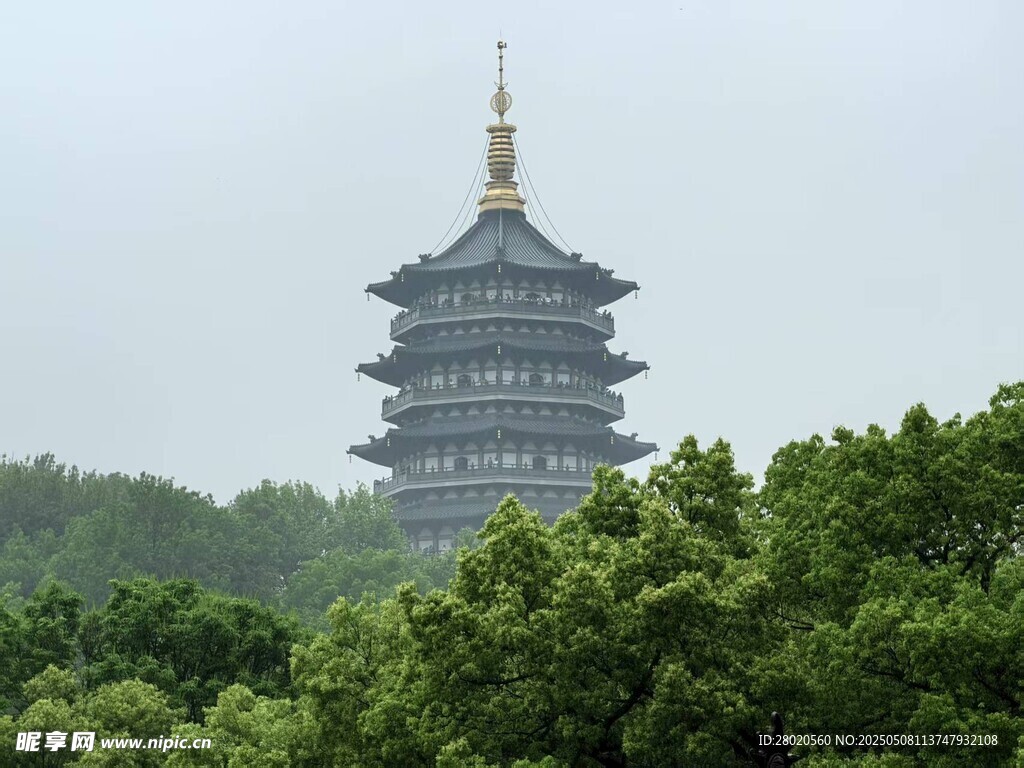 杭州雷峰塔绿树环绕景观