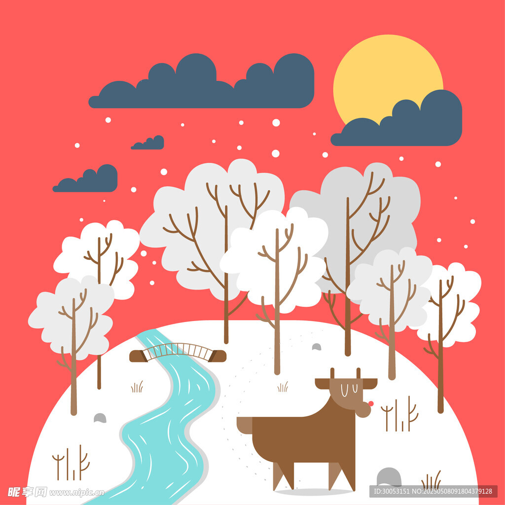 冬日雪景中的麋鹿与树木