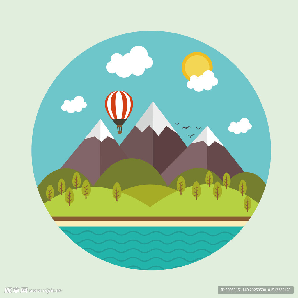 山间湖畔热气球风景图