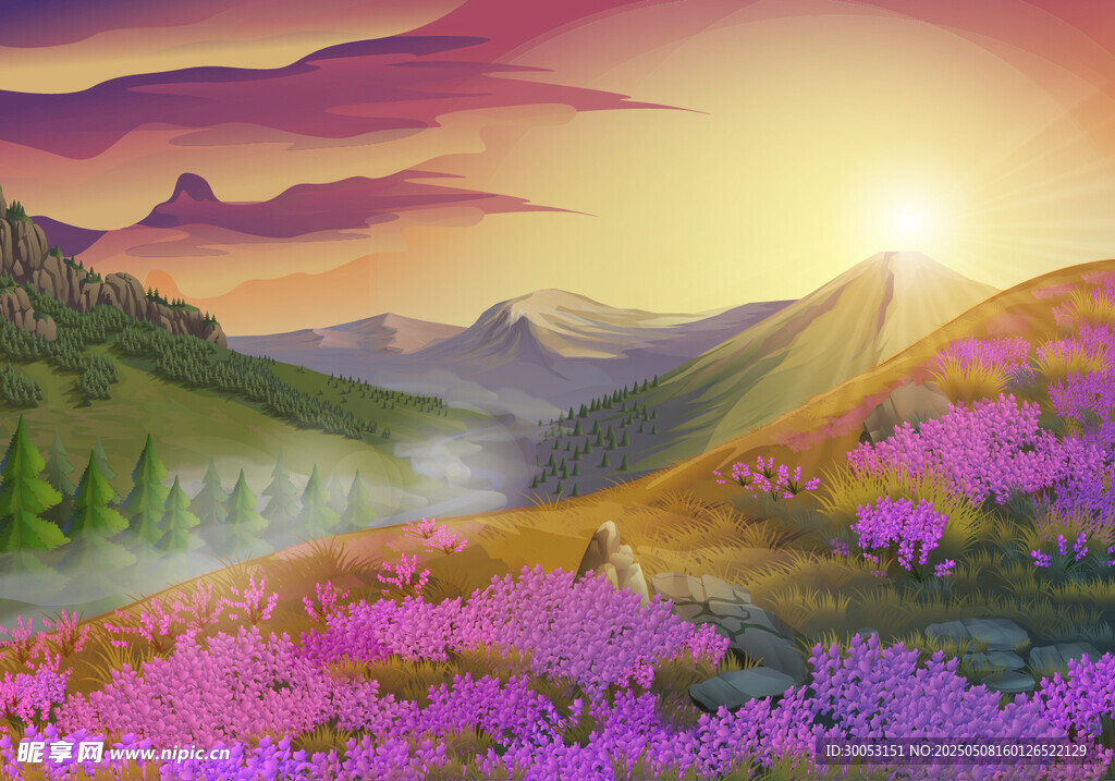 山间花海迎日出美景