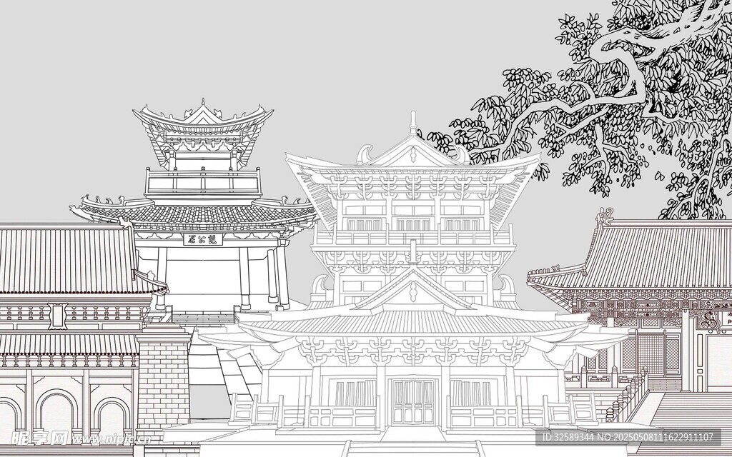 古风建筑景观背景墙 背景墙画 