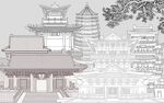 中式古建筑线稿风景图