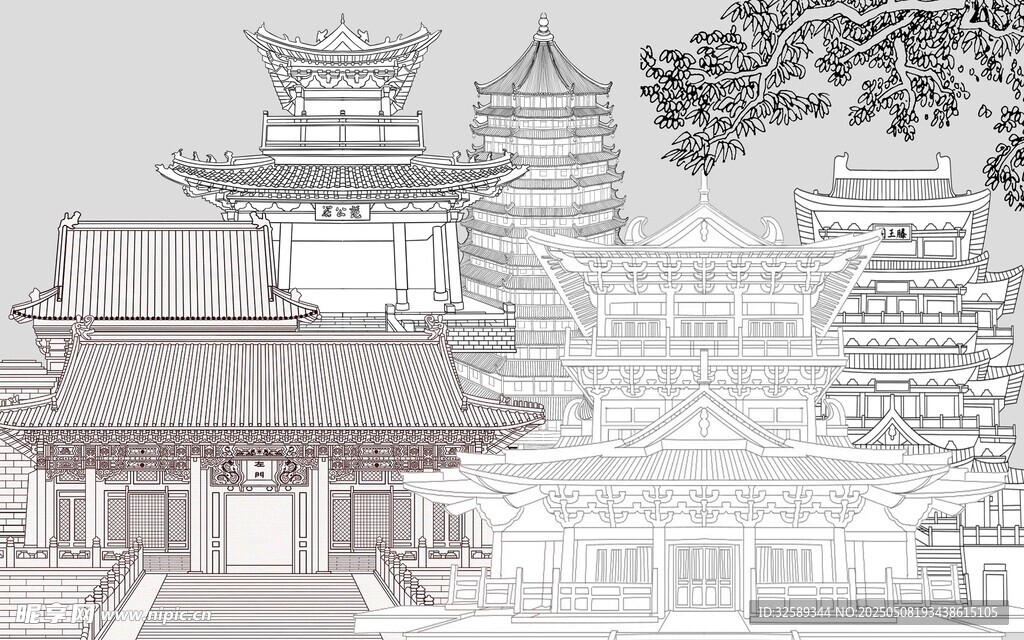 中式古建筑线稿风景图