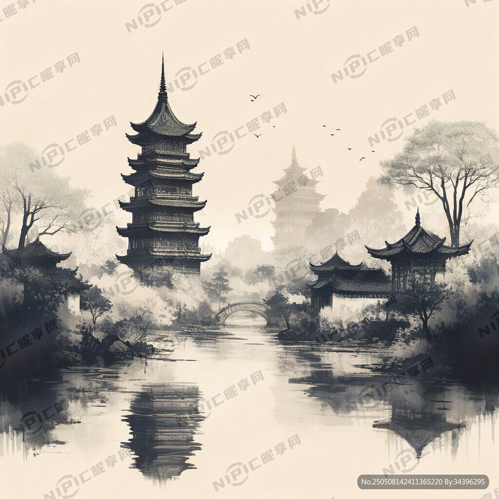 简笔苏州 塔和寺等建筑