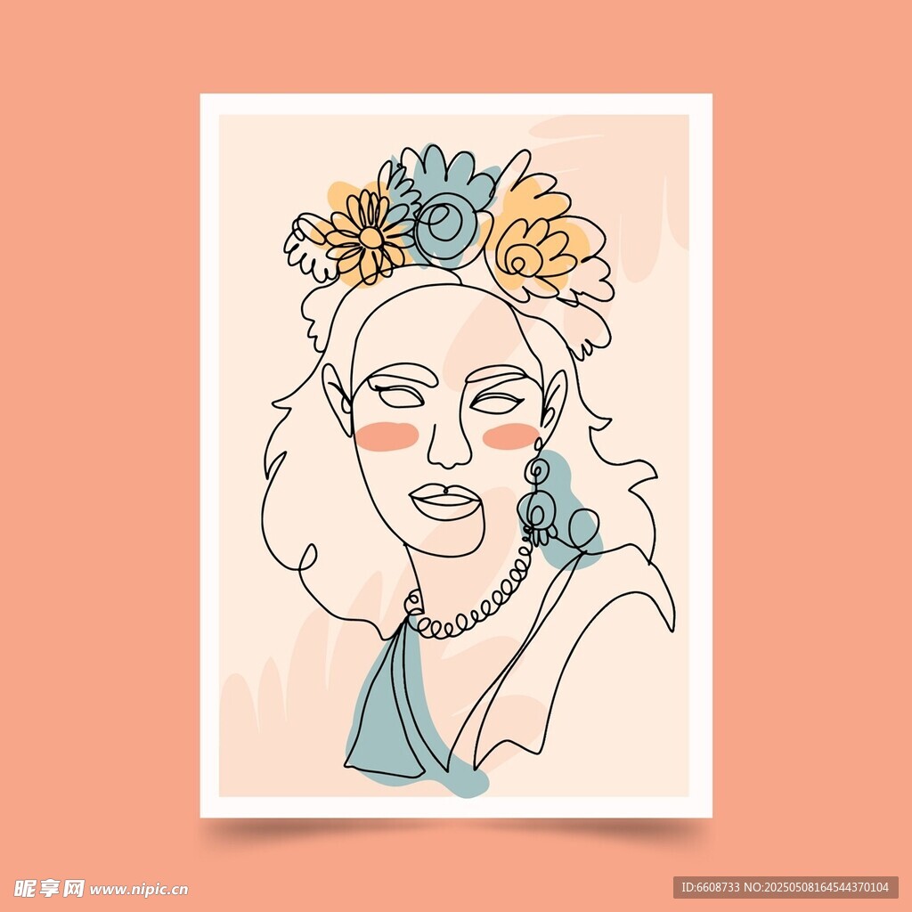 头戴繁花的复古风女子画像