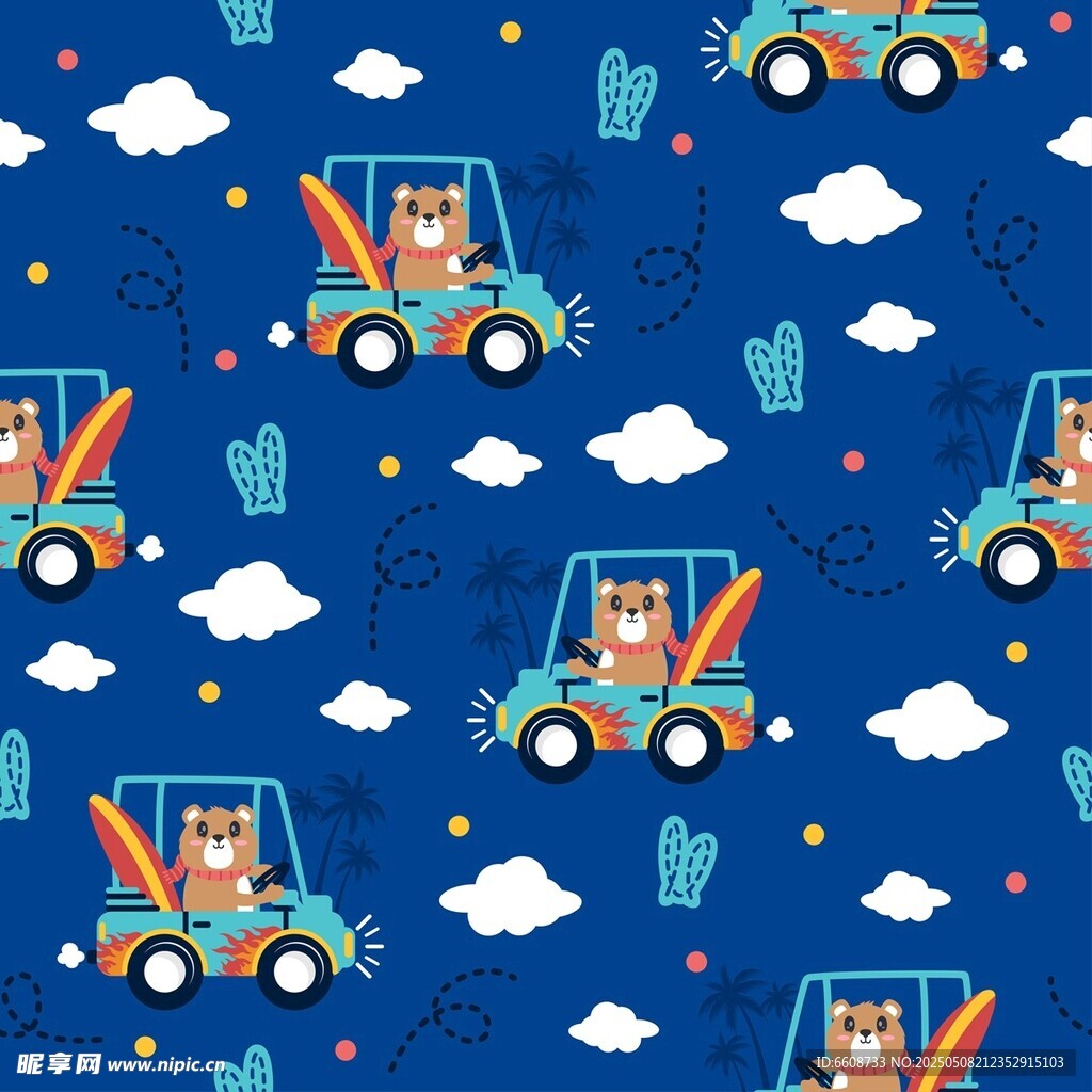 卡通汽车仙人掌图案背景
