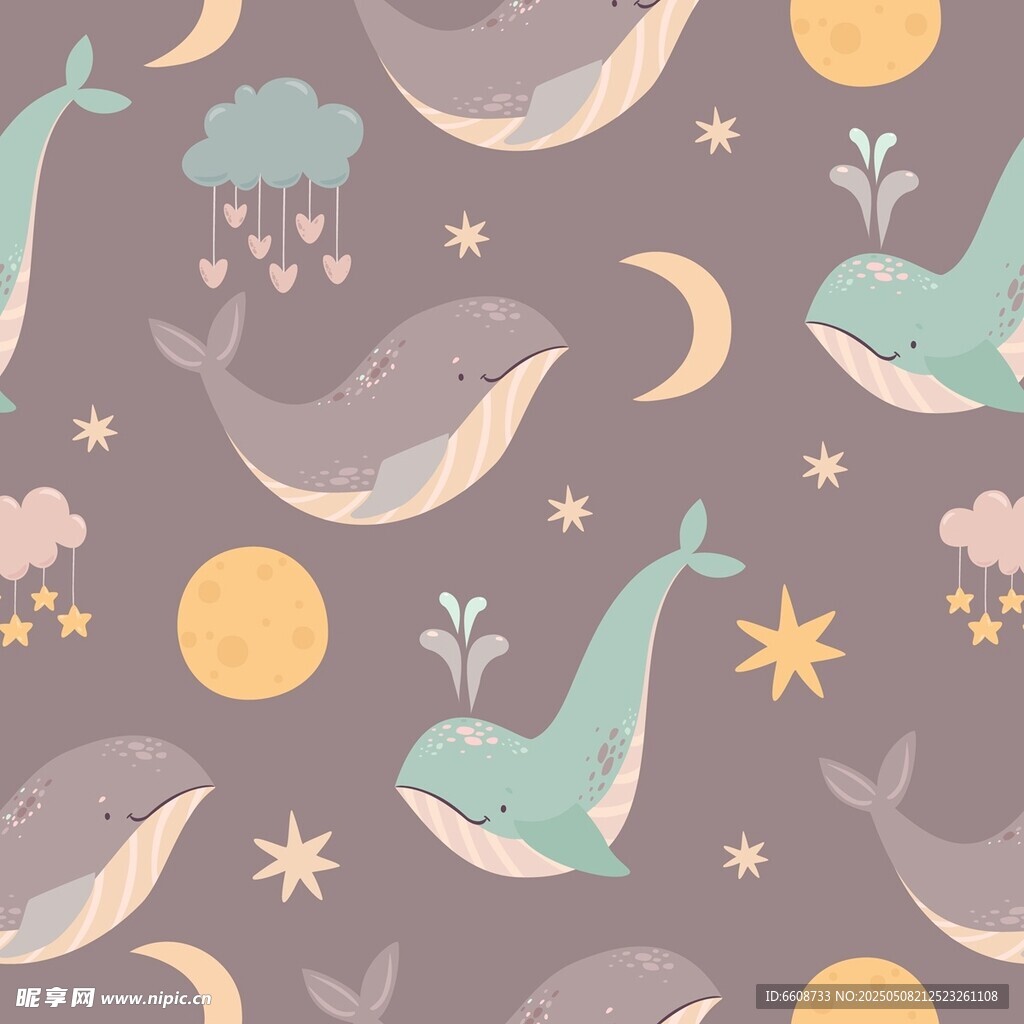 鲸鱼月亮星星卡通图案背景