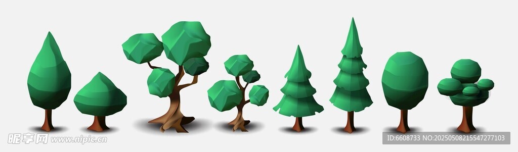 一排多样的3D立体小树