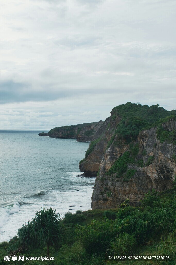 海岸边的山峦与葱郁植被