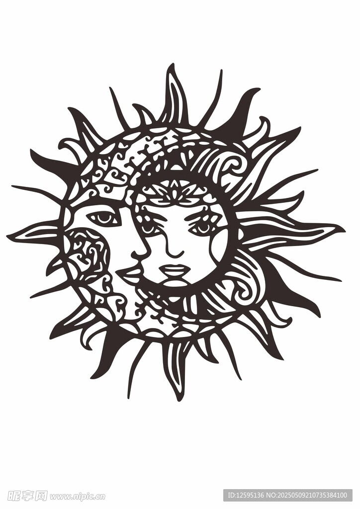手绘太阳月亮人脸图腾图案