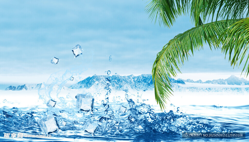 海边椰树与翻涌的浪花