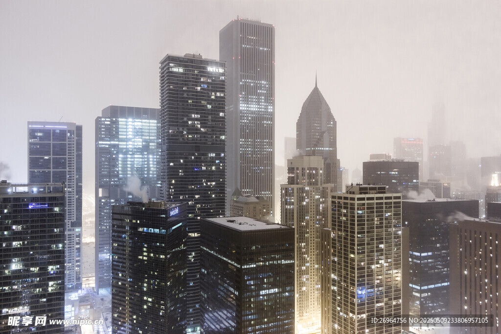 雪夜中的繁华都市天际线